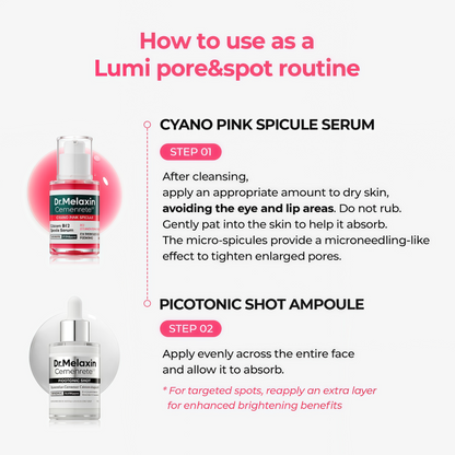 Dr. Melaxin Cemenrete Serum Duo Set 2-Pack Bundle (Cyano Pink Spicule Serum w/ Calcium + Picotonic Shot Calcium Serum) Firming, Pore Tightening, Collagen & Dark Spot Care, 1.01 fl oz Each