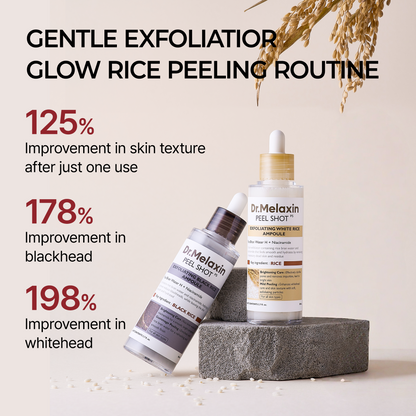Dr.Melaxin Peel Shot Glow Rice Ampoule Duo (White + Black) & Kojic Acid Spray Set – Exfoliating & Brightening Skincare Kit for Smooth Texture, Dark Spot Care & Radiant Skin