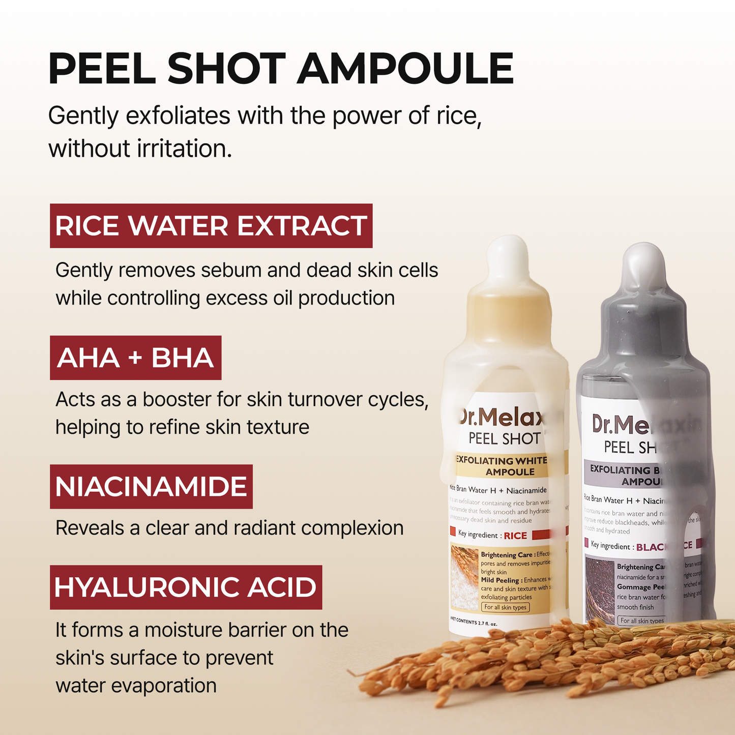 Dr.Melaxin Peel Shot Glow Rice Ampoule Duo (White + Black) & Kojic Acid Spray Set – Exfoliating & Brightening Skincare Kit for Smooth Texture, Dark Spot Care & Radiant Skin